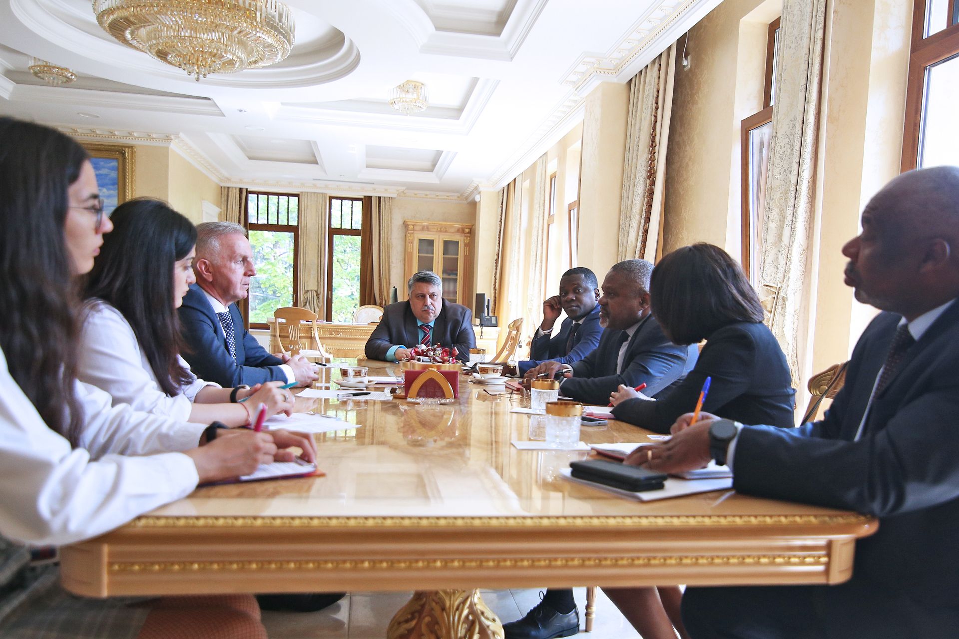 The following representatives from Angola took part in the meeting: Ambassador Augusto da Silva Cunha, Honorary Consul of Angola in Saint Petersburg, Mr. Viktor Budny, and the Angolan Embassy staff. RACUS organization was represented by the General Director, A. Nutsalov, and managers of the Department of Africa.The parties discussed working issues on cooperation and expansion of ties between RACUS organization and the Embassy of Angola, between higher educational institutions of Russia belonging to the RACUS group and the universities of Angola. The parties discussed in detail the issues of the educational process of Angolan citizens in Russian universities belonging to the RACUS group and solutions to crucial questions of students' training and everyday life.